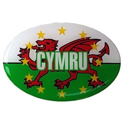 Wales Car Sticker Decal Badge Oval Cymru Welsh Flag EU Euro Stars Resin Gel 3D Domed 80mm x 55mm