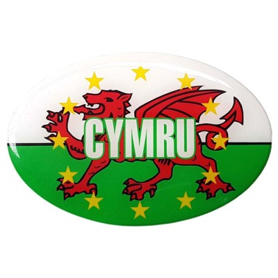 Wales Car Sticker Decal Badge Oval Cymru Welsh Flag EU Euro Stars Resin Gel 3D Domed (Medium)
