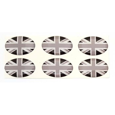 Union Jack Black & White British Oval Flag Sticker Decal Badge 3d Resin Gel Domed 6 Pack 25mm x 15mm