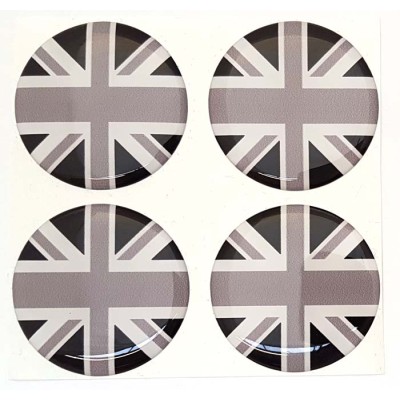 Union Jack Black & White British Flag Round Sticker Decal Badge 3d Resin Gel Domed 4 Pack 40mm