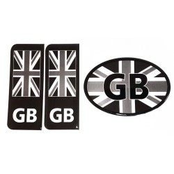 GB Vehicle Number Plate Front and Rear Sticker and Oval GB Badge Set Black and White
